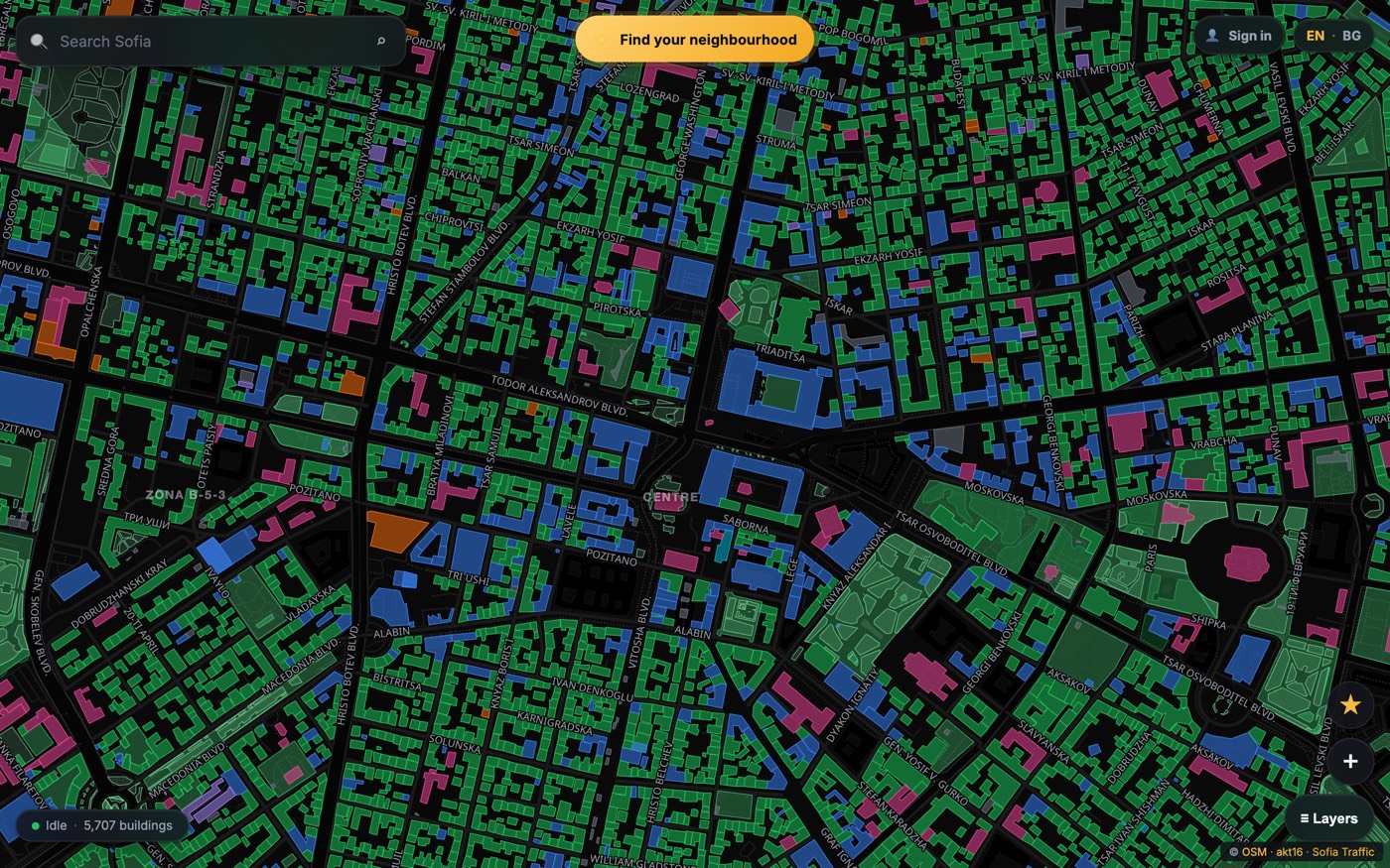The Sofia Hoods interactive map: central Sofia with thousands of buildings coloured by use, the neighbourhood search and the quiz button